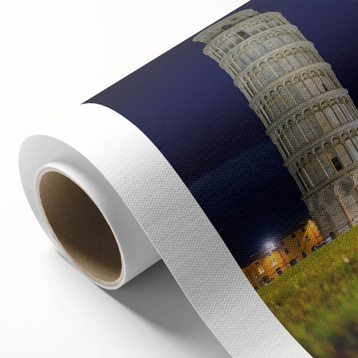 Art deco poster of the Leaning Tower of Pisa in muted earth tones on rolled canvas.