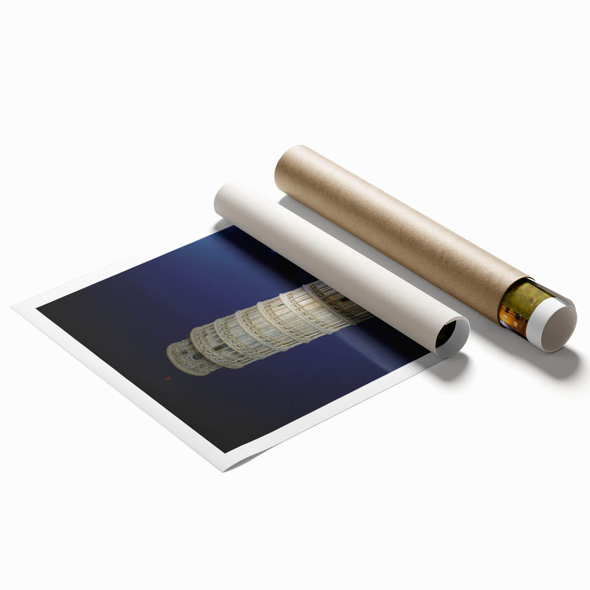 Rolled print featuring a scenic view of Pisa, Italy, with soft pastel shades, ideal for classy bathroom wall art.