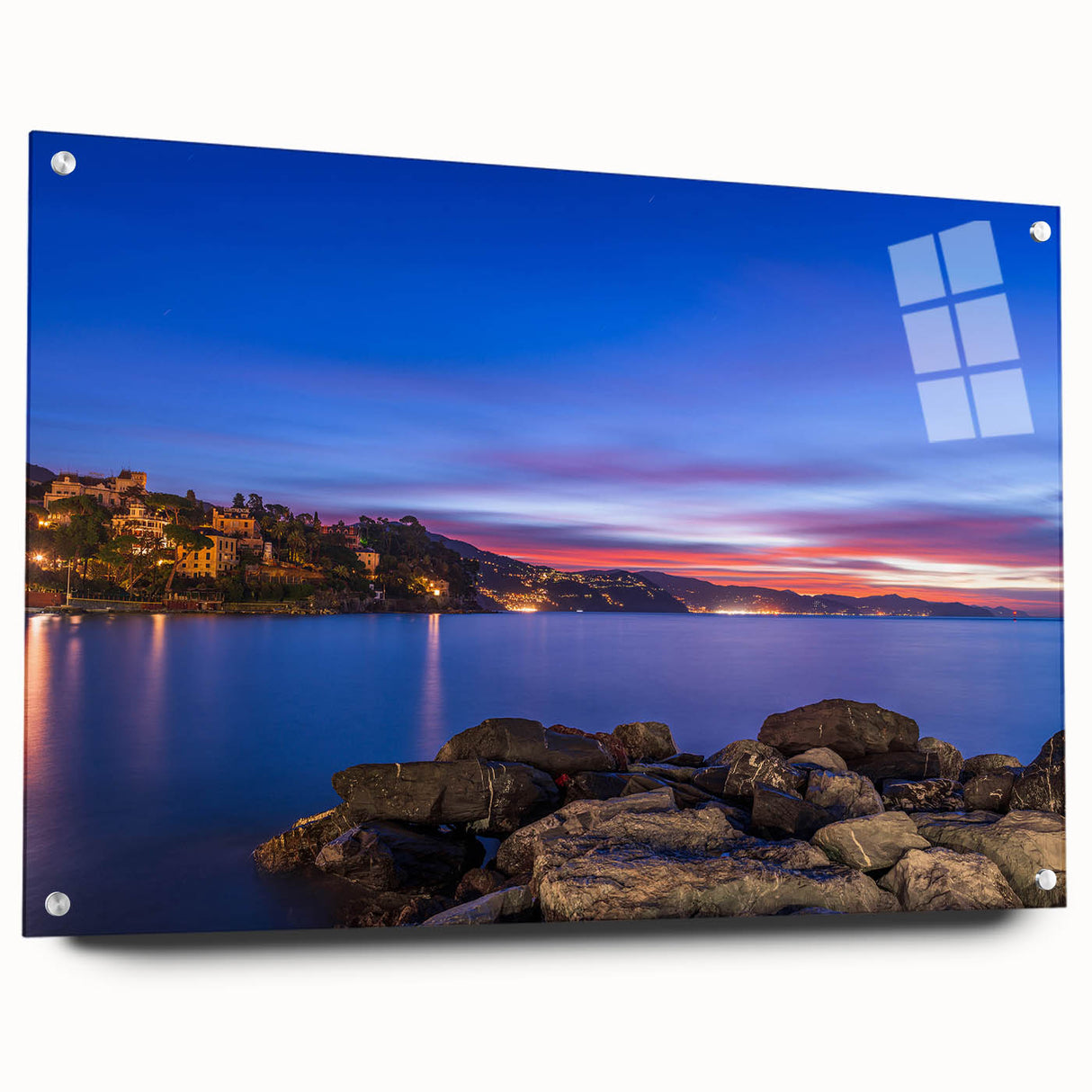 Acrylic print of Portofino, Italy, featuring vibrant coastal hues, ideal for dining room decor.