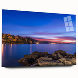 Large abstract wall art depicting the Portofino, Italy coastline on acrylic glass, in vibrant blues and greens.