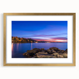 Extra large abstract art print of Portofino, Italy, featuring textured blues and greens on a gold-framed canvas.