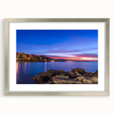 Textured art print of Portofino, Italy, featuring abstract shapes in soft pastel shades on a silver-framed canvas.