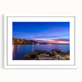 Abstract art print of Portofino, Italy in vibrant blue and green hues on a white framed canvas, ideal for dining room decor.