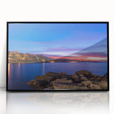 Large abstract wall art of Portofino, Italy, in vibrant hues on black-framed acrylic, ideal for modern art wall decor.