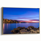 Framed canvas featuring a vintage-style landscape painting of Portofino, Italy, with muted earth tones.