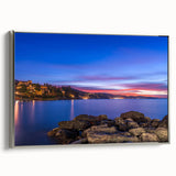 Landscape art painting of Portofino, Italy, featuring colorful houses; silver-framed canvas ideal for living room decor.