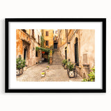 Extra large abstract art print of colorful, textured Rome scenery on a black framed canvas, ideal for living room decor.