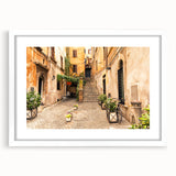 Textured abstract art print of Rome scenery in muted earth tones, framed with a white mat, ideal for bedroom art.