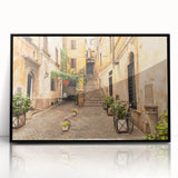 Large abstract wall art depicting a stylized Rome scenery in muted earth tones on a framed acrylic.