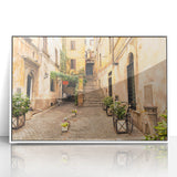 Mid-century modernist art of Rome's skyline in muted earth tones on a framed acrylic, ideal for nursery wall decor.