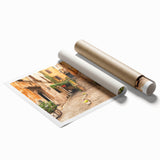 Extra large rolled print of Rome scenery with floral accents in soft pastel shades.