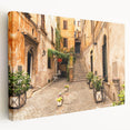 Large stretched canvas depicting a serene Rome cityscape in soft pastel shades, ideal for kitchen wall art.