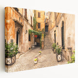 Large stretched canvas depicting a serene Rome cityscape in soft pastel shades, ideal for kitchen wall art.