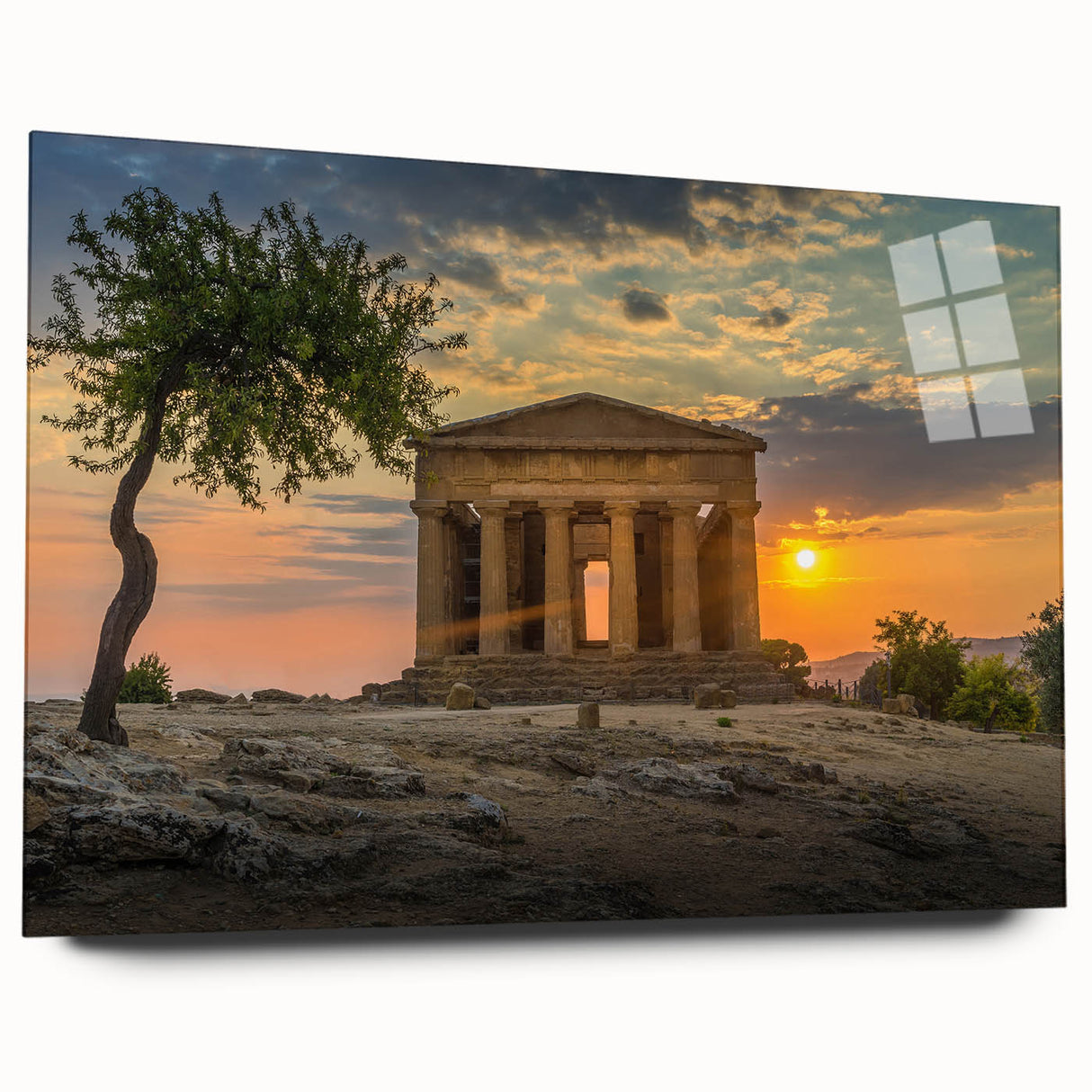Large abstract wall art of Sicily's landscape in muted earth tones on acrylic glass, suited for bedroom or dining room decor.