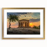 Abstract art print of Sicilian landscape in gold frame, featuring muted earth tones, ideal for dining room decor.