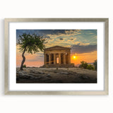 Extra large abstract art print of a Sicilian landscape, in muted earth tones, framed in silver, ideal for living room decor.