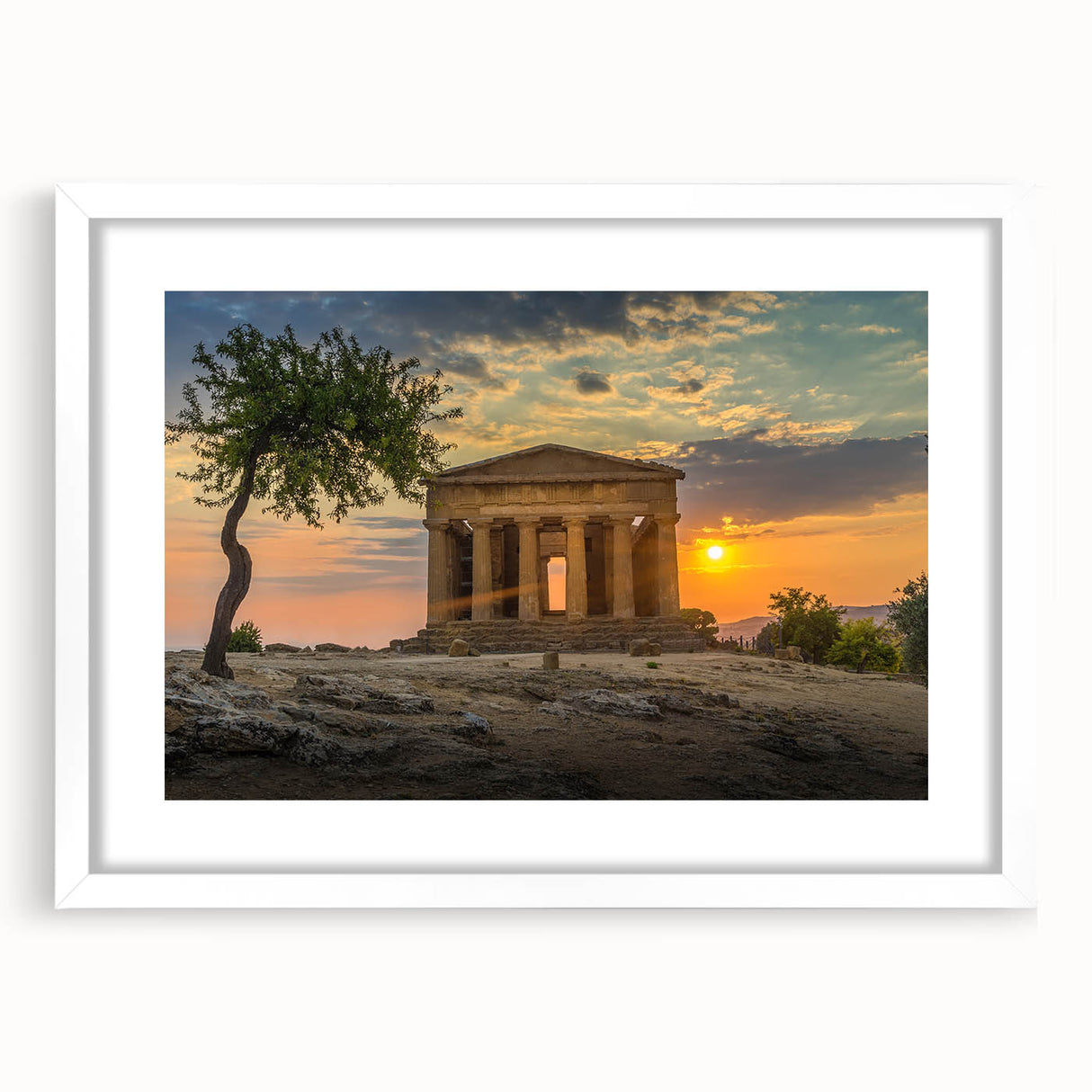 Textured abstract art print of a Sicilian landscape in muted earth tones, framed with a white mat, ideal for bedroom art.