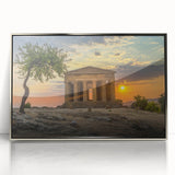 Mid-century modernist acrylic print of a Sicilian landscape, featuring muted earth tones, ideal for modern art wall decor.