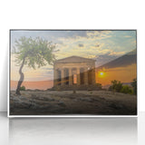 Mid-century modernist art of Sicilian scenery in muted earth tones on a framed acrylic, ideal for nursery wall art.