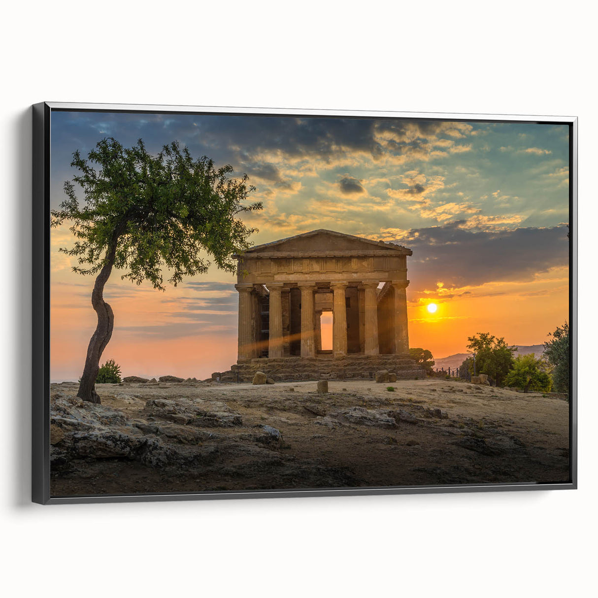 Black and white framed canvas of a Sicilian landscape, ideal for bedroom wall art.