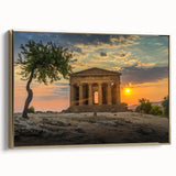 Framed canvas of Sicilian landscape in muted gold and black tones, ideal for bedroom wall art.
