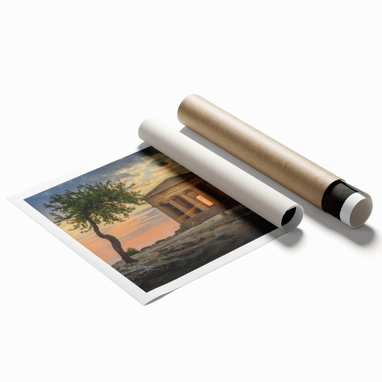 Extra large rolled print featuring a Sicilian landscape with floral elements in muted earth tones.
