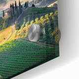 Large abstract depiction of the Tuscan landscape in muted earth tones on acrylic glass, ideal for dining room art.