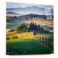 Acrylic print of a Tuscan landscape, showing rolling hills and pastel skies, ideal for dining room decor.