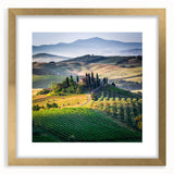 Abstract art print of the Tuscan landscape in muted earth tones on a framed canvas, suitable for dining room decor.