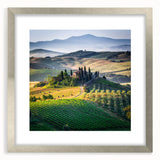 Extra large abstract art print of Tuscany scenery in muted earth tones on a framed canvas, suitable for living room decor.