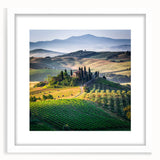 Textured art print of a Tuscan landscape in muted earth tones on a white framed canvas, suitable for bedroom decor.
