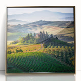 Framed acrylic print of a Tuscan landscape in muted gold and green tones, ideal for modern art wall decor or a nursery.