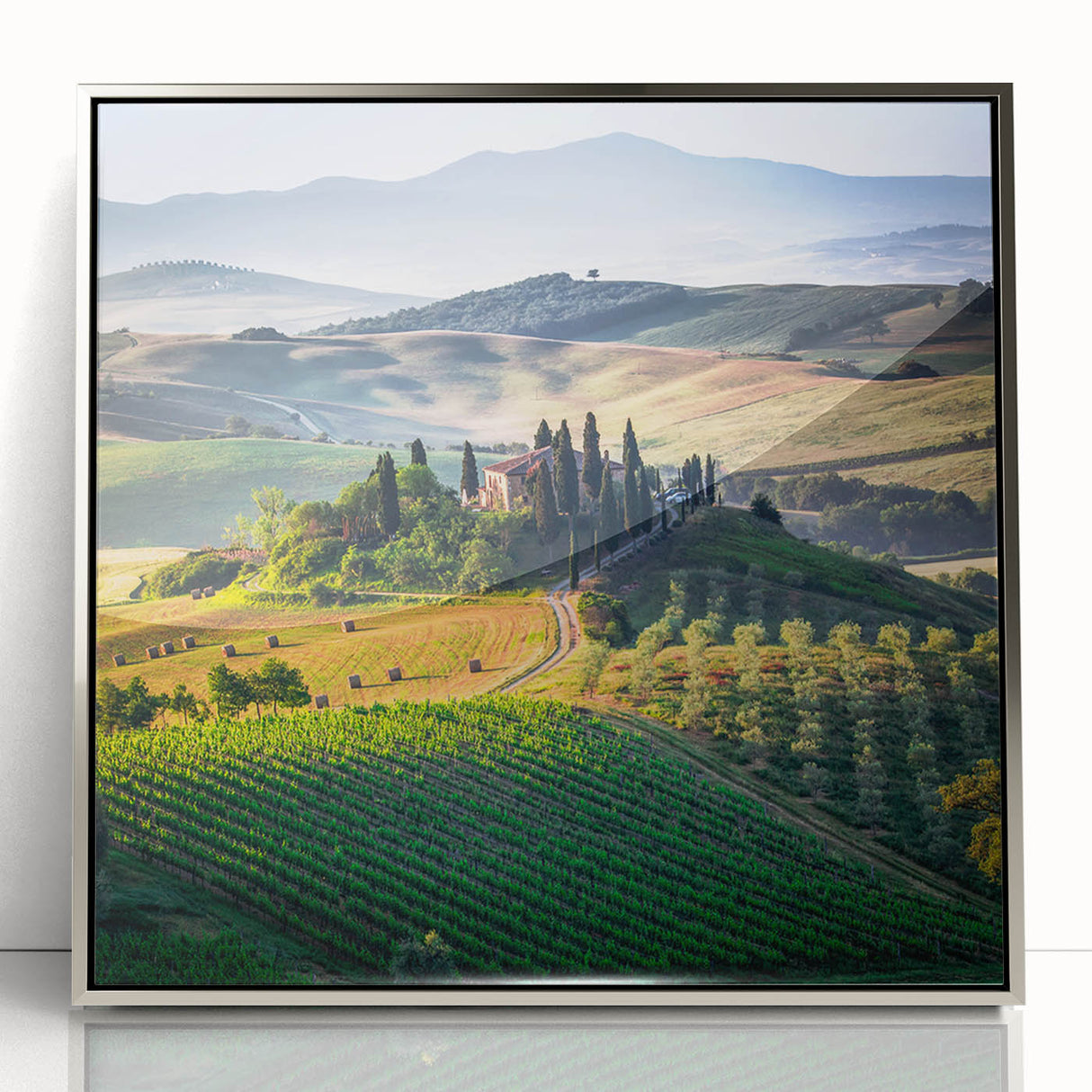 Framed acrylic print of a Tuscan landscape in earthy tones, ideal for modern art wall decor.