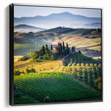 Black and white framed canvas of a Tuscan landscape, ideal for bedroom wall art.