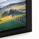 Extra large framed canvas of a Tuscan landscape in vibrant, textured colors, ideal for living room decor.