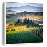 Vintage poster art of Tuscany landscape on framed canvas with vibrant colors, ideal for living room decor.