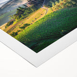 Art deco poster of Tuscany landscape in muted earth tones on rolled canvas, suitable for dining room wall art.