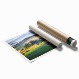 Extra large rolled print depicting a serene Tuscan landscape with soft floral elements in muted earth tones.