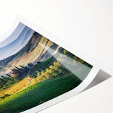 Extra large wall art depicting line art flowers over a Tuscan landscape in muted earth tones.