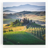 Black and white stretched canvas of Tuscany landscape, ideal for kitchen wall art or bedroom.