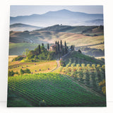 Black and white print of Tuscany landscape on stretched canvas, ideal for kitchen wall art.