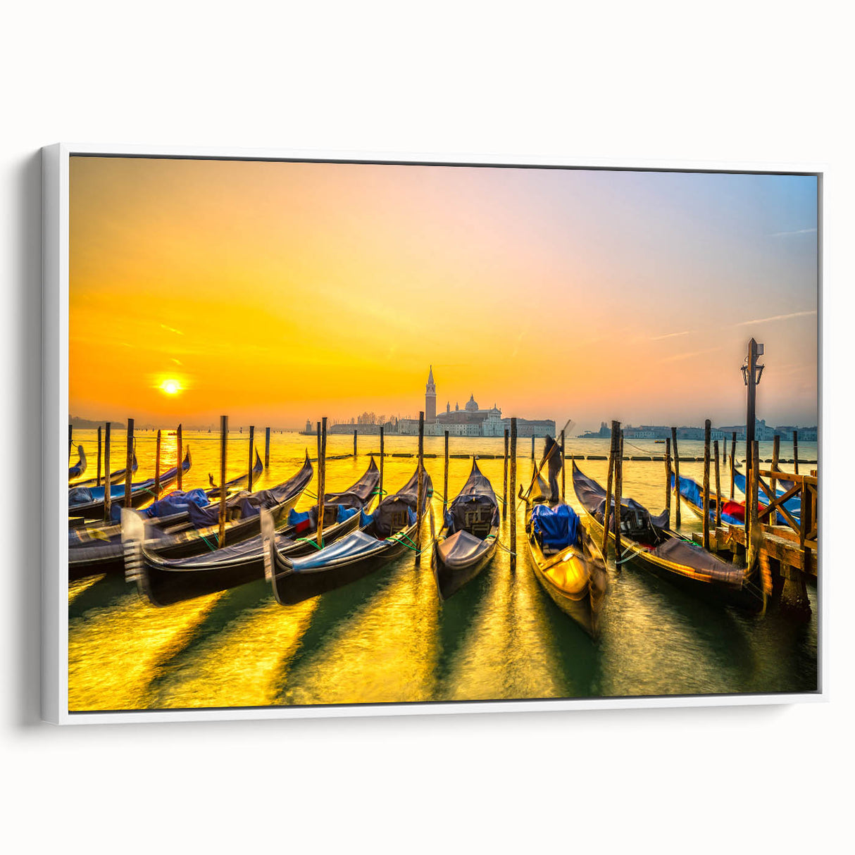 Vintage poster art of Venice with colorful imagery on a large framed canvas, ideal for living room decor.