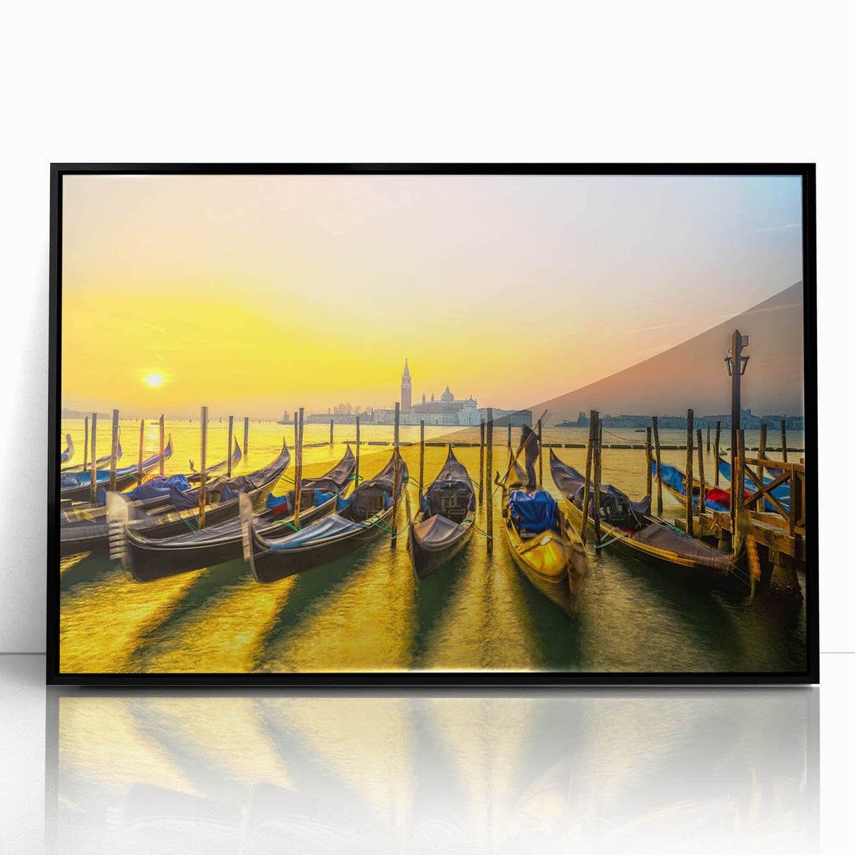Large abstract wall art depicting Venice scenery in muted blue and grey tones on framed acrylic.