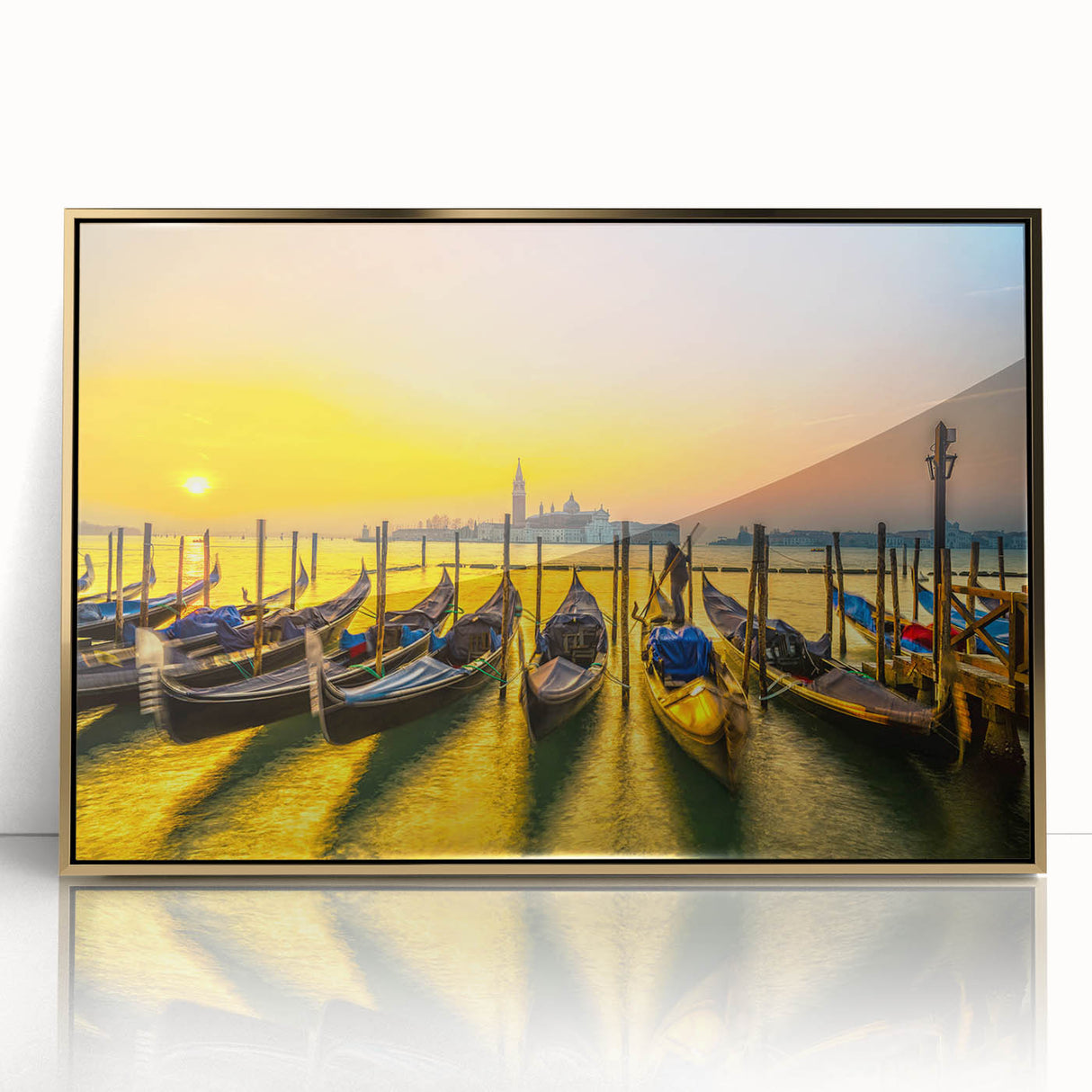 Mid-century modernist art of Venice scenery in muted gold and blue tones on a framed acrylic, suitable for nursery wall art.