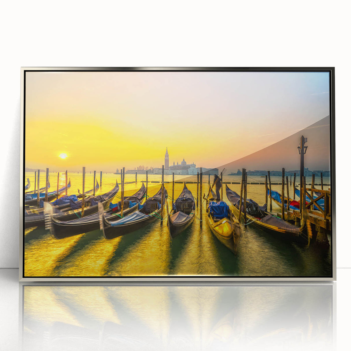 Art deco poster of Venice scenery in silver-framed acrylic, showcasing muted earth tones, ideal for modern art wall decor.