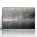 Mid-century modernist art depicting a serene Latvian landscape in muted earth tones, acrylic print framed in white.