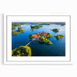 Textured abstract art print depicting a serene Lithuanian landscape in muted greens and blues, framed with a white mat.