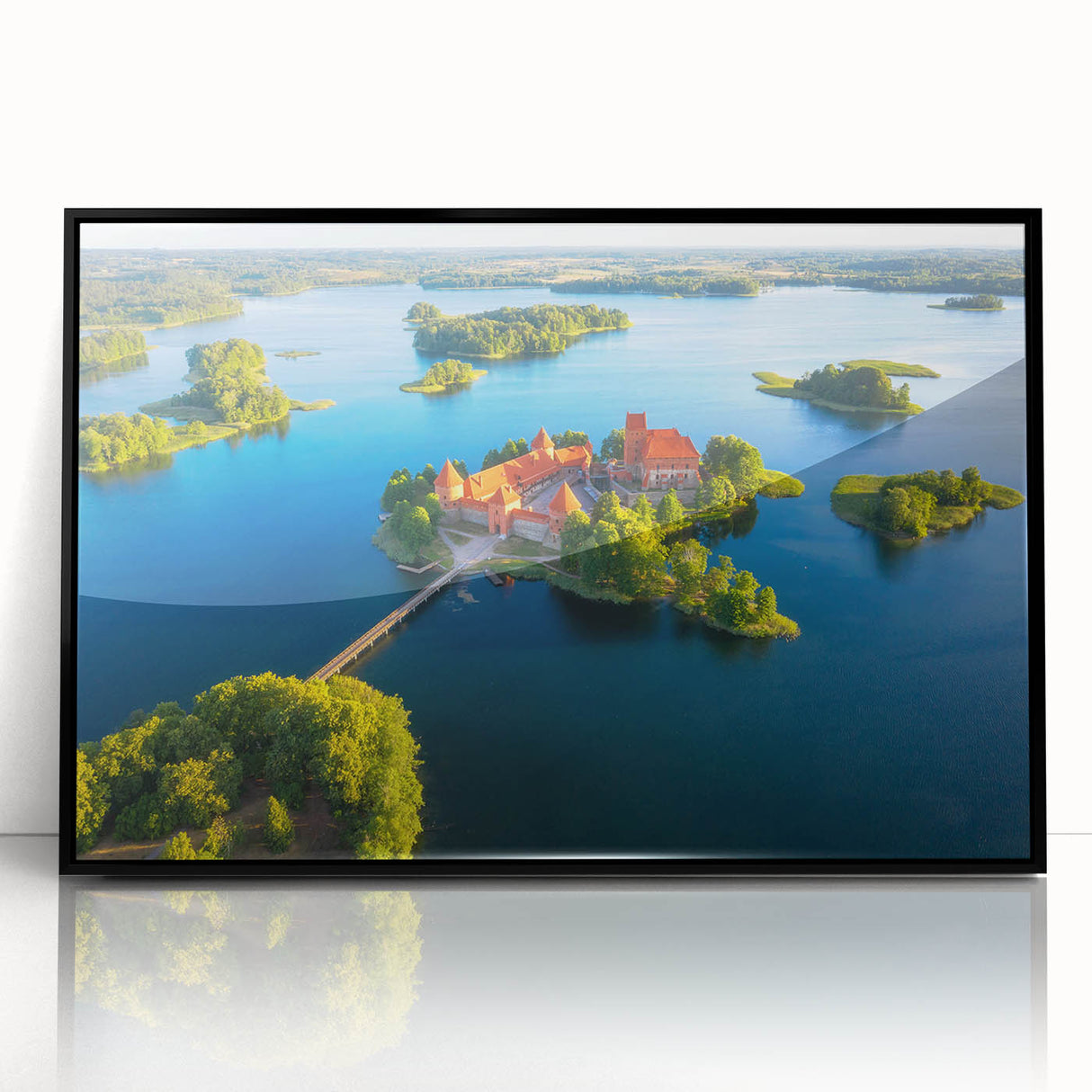 Large abstract wall art depicting a colorful European scenery in Lithuania on a framed acrylic.