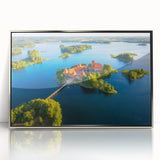 Mid-century modernist acrylic print of a serene Lithuanian landscape in muted earth tones, ideal for modern art wall decor.