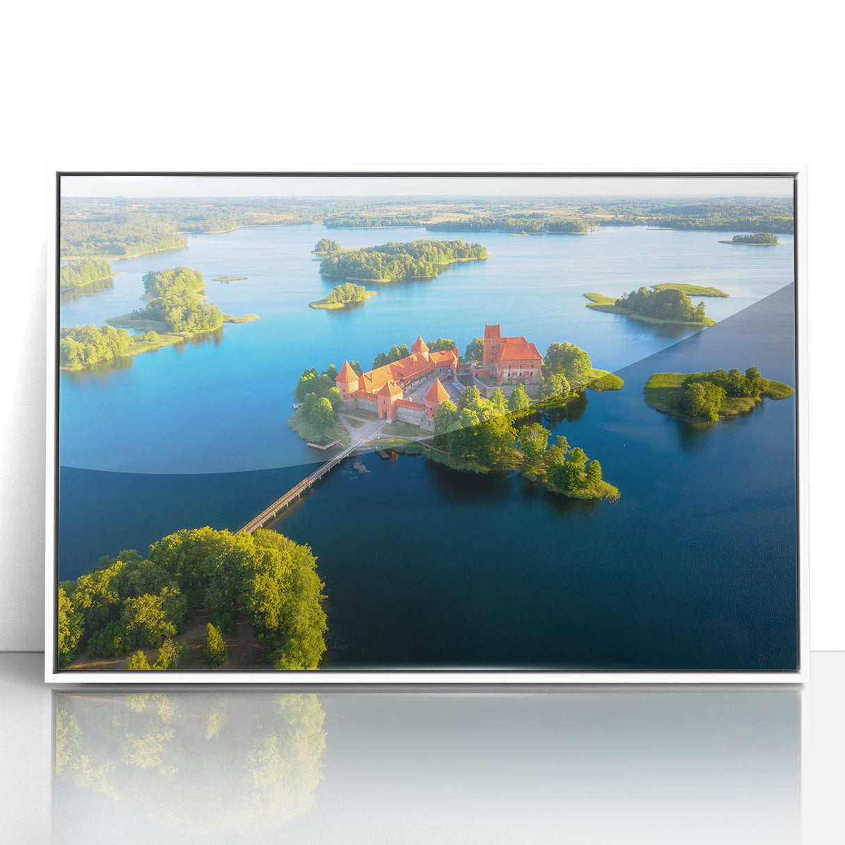 Mid-century modernist art depicting a serene Lithuanian landscape on white framed acrylic, ideal for nursery wall art.